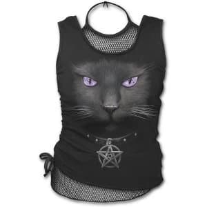 Black Cat - 2In1 Neck Tie Womens X-Large Mesh Top - Black