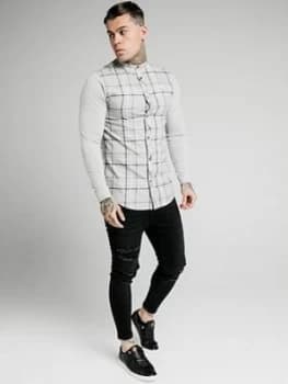 SikSilk Long Sleeve Flannel Check Grandad Shirt - Grey Marl