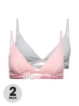 Superdry Organic Cotton Harper Triangle Bralette 2 Pack - Pale Pink/Grey, Pink, Size 12, Women