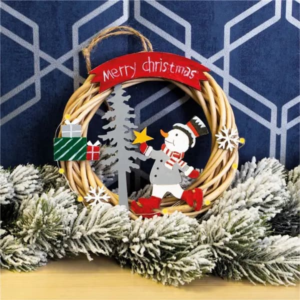 Festive Wicker Christmas Wreath with Snowman Design and LED String Light Battery Powered ELV-055658