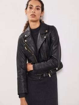 Mint Velvet Stitch Sleeve Detail Leather Biker Jacket - Black