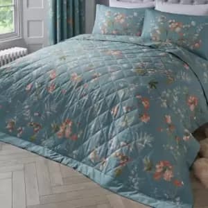 Dreams & Drapes Farah Floral Print Quilted Bedspread, Duck Egg, 230 x 200 Cm