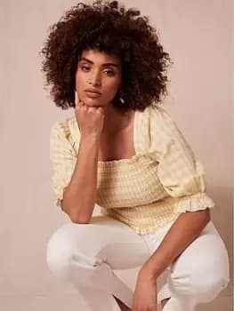 Mint Velvet Yellow Gingham Puff Sleeve Top, Yellow, Size L, Women