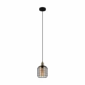 Eglo Black Caged Pendant With Amber Glass Shade