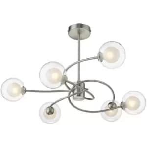 Spring Contemporary Multi Arm Pendant Ceiling 6 Light Satin Nickel, Glass