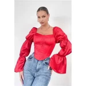 I Saw It First Red Satin Puff Long Sleeve Corset Crop Top - Red