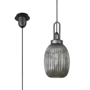 Yorktown Ceiling Pendant E27 20cm Almond Ribbed Glass, Smoked Black, Aged Pewter