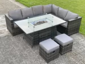Fimous 6 Seater Outdoor Dark Grey Rattan Lounge Complete Sofa Set with Gas Fire Pit Table, Gas Heater and 2 Stools