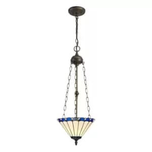 3 Light Uplighter Ceiling Pendant E27 With 30cm Tiffany Shade, Blue, Crystal, Aged Antique Brass - Luminosa Lighting