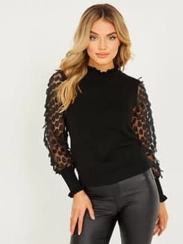 Quiz Black Knitted Mesh Sleeves Jumper - S