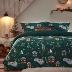 Furn. Winter Pines Pine Green Duvet Cover and Pillowcase Set Green/Red/White