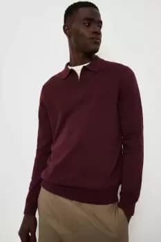 Mens Pure Cotton Burgundy Textured Panel Zip Up Knitted Polo Shirt