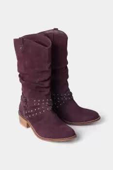 Buckle and Studded Suede Slouch Boots