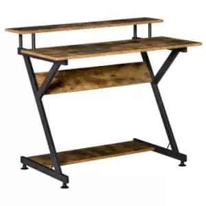 Homcom Industrial Style Computer Desk With Elevated Shelf 100Cm Rustic Wood Finish