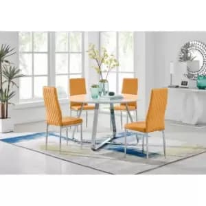 Furniture Box Santorini White Wood Contemporary Round Dining Table and 4 Mustard Milan Chairs