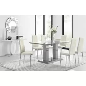 Furniturebox Imperia 6 High Gloss Grey Modern Dining Table and 6 Cream Milan Faux Leather Dining Chairs With Silver Legs Diamond Stitch Modern