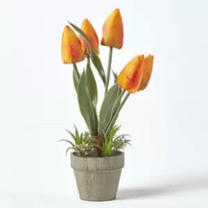 Homescapes - Orange & Red Artificial Tulips in Grey Decorative Stone Pot, 27cm - Orange