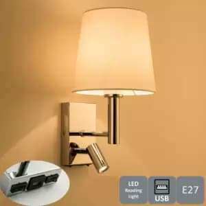 Harper Living Wall Light with switch, Adjustable LED Reading Light and usb Port, Polished Chrome Finish, Ivory White Fabric Shade