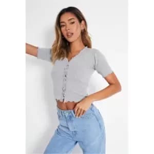 I Saw It First Ribbed Lettuce Hem Popper Front Top - Grey