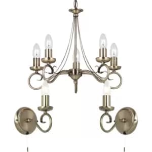 5 Bulb Ceiling Pendant & 2x Matching Wall Light Curved Antique Brass Chandelier