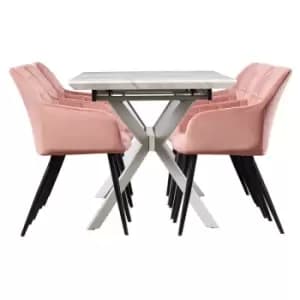 7 Pieces Life Interiors Camden Duke Dining Set - a White Rectangular Dining Table and Set of 6 Pink Dining Chairs - Pink