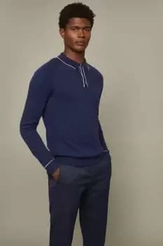 Pure Cotton Blue Tipped Placket Knitted Polo Shirt