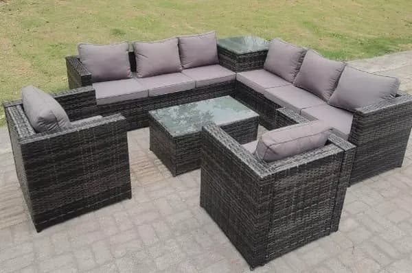 Fimous 8 Seater Outdoor Dark Grey PE Wicker Lounge Complete Sofa Set with Lounge Chair and Coffee Table