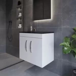Nuie - Athena Wall Hung 2-Door Vanity Unit with Sparkling Black Worktop 600mm Wide - Gloss White