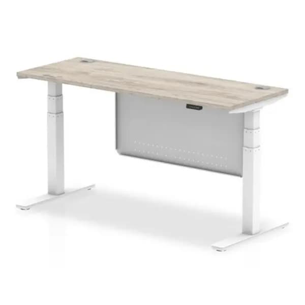 Air 1600 x 600mm Height Adjustable Desk Grey Oak Top Cable Ports White Leg With White Steel Modesty Panel