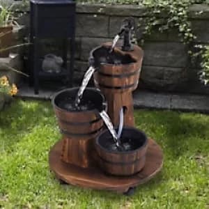 Outsunny Fir Wood 3 Barrel Water Foundation w/ Pump Brown