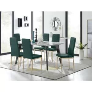 Furniturebox UK - Furniturebox Andria Black Leg Marble Effect Dining Table and 6 Green Velvet Milan Dining Chairs With Gold Legs