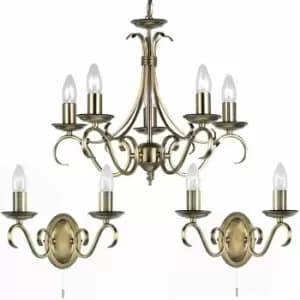 Loops - 5 Lamp Ceiling & 2x Twin Wall Light Pack Antique Brass Vintage Matching Fittings