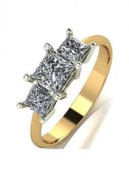 Moissanite 9ct Gold 1 Carat Eq Moissanite Square Trilogy Ring, Gold, Size J, Women