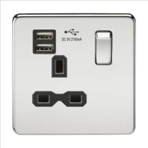 KnightsBridge 13A 1G Screwless Polished Chrome 1G Switched Socket with Dual 5V USB Charger Ports - Black Insert