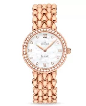 Omega De Ville Prestige Quartz 27.4mm Dewdrop Rose Gold Mother of Pearl Diamond Dial Diamond Bezel Womens Watch 424.55.27.60.55.004 424.55.27.60.55.0