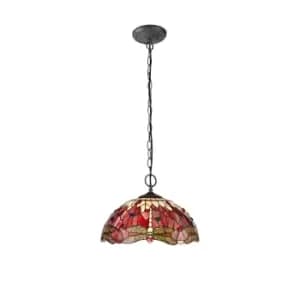 2 Light Downlighter Ceiling Pendant E27 With 40cm Tiffany Shade, Purple, Pink, Crystal, Aged Antique Brass