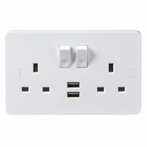 KnightsBridge Pure 9mm 13A White 2G 230V UK 3 Switched Electric Wall Socket and 2 USB Charger Port