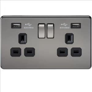 KnightsBridge 2G 13A Screwless Black Nickel 2G Switched Socket with Dual 5V USB Charger Ports - Black Insert