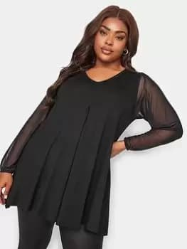 Yours Yours Long Sleeve Pleat Swing Top Mesh Sleeve, Black, Size 16, Women