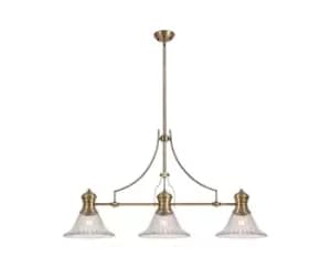 3 Light Telescopic Ceiling Pendant E27 With 30cm Bell Glass Shade, Antique Brass, Clear