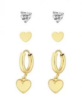 Simply Silver Sterling Silver 925 12Ct Yellow Gold Hearts 3 Pack Earrings