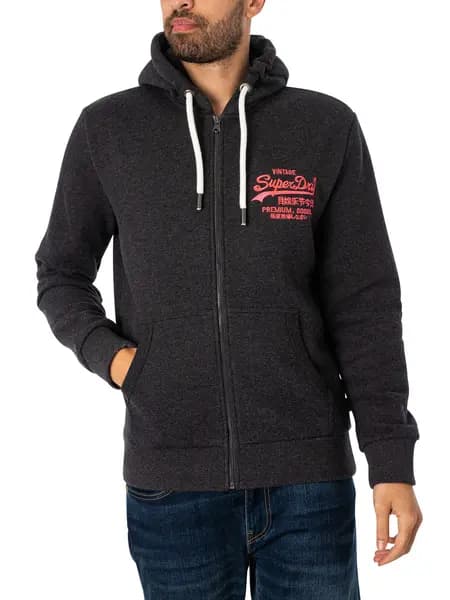 Superdry Neon Vintage Logo Zip Hoodie Charcoal Marl L