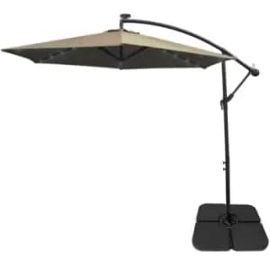 Beige LED Cantilever Parasol 3m Banana Hanging Umbrella Garden Sun Shade Canopy Patio 360 Rotation Tilt uv Protection Winding Crank 24 Solar Powered