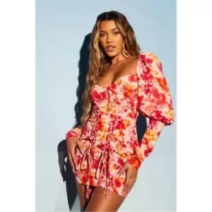 I Saw It First Pink Woven Floral Puff Sleeve Ruched Front Bodycon Dress - Pink