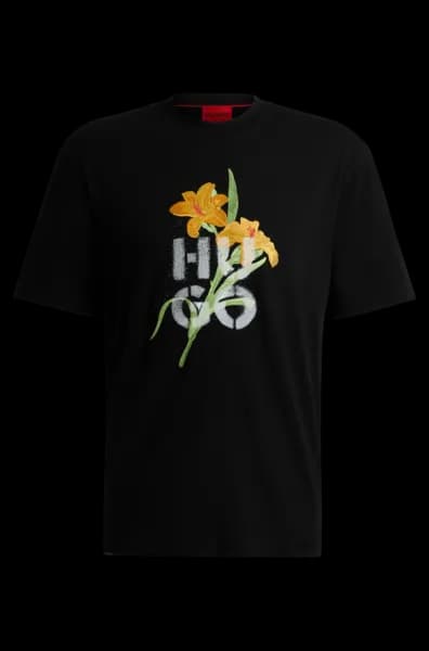 HUGO Red Dilablumi Floral Cotton-Jersey T-Shirt - M Black Tops male 50517841-001 M