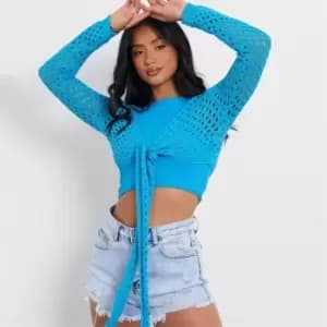 I Saw It First Petite Crochet Tie Front Crop Top - Blue