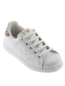 Victoria Leather Tennis Glitter Heel Tab Trainer - White/Pink, Size 4, Women