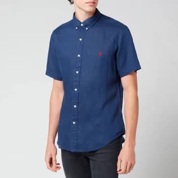 Polo Ralph Lauren Mens Slim Fit Linen Short Sleeve Shirt - Newport Navy - M
