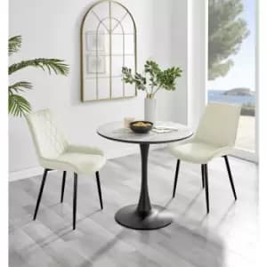 Furniturebox UK - Furniturebox Elina White Marble Effect Modern 80cm Round Dining Table & 2 Cream Pesaro Black Leg Velvet Chairs