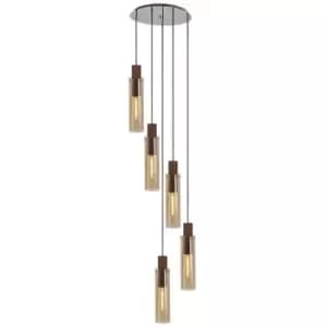 Luminosa Blake Slim Round Ceiling Pendant, 5 Light Adjustable E27, Mocha, Amber Glass